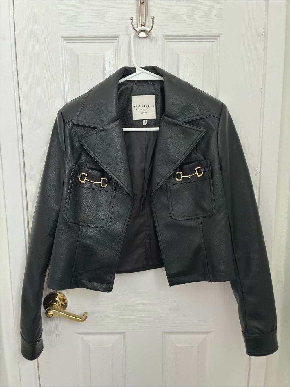 bagatelle Black Faux Leather Cropped Jacket with Gold Horsebit Accents